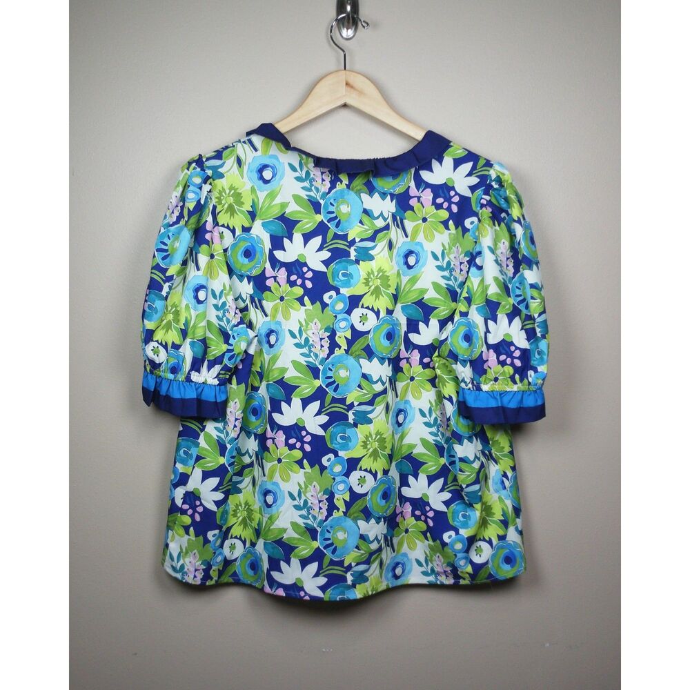 Cicy Bell XL Floral Blouse Blue Green Ruffle V Neck Puff Elbow Sleeve Boho NWT - Picture 3 of 13